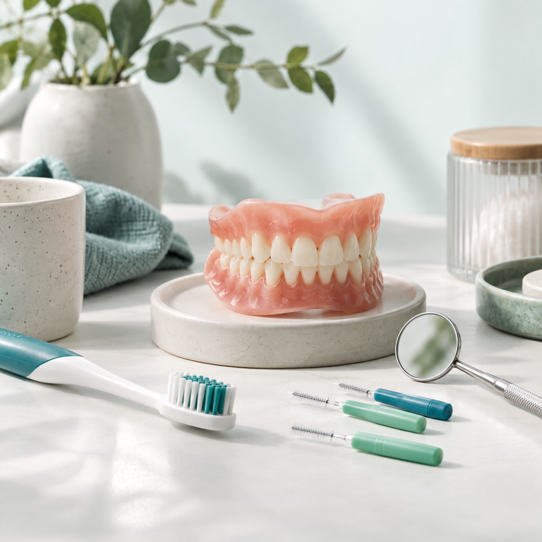 Modèle de dent, prothèse et miroir illustrant la prévention et les soins dentaires.